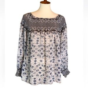Sundance cream and blue floral silk blouse with smocking Size Medium